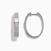 The 925 Sterling Silver Diamond Hoop Earrings feature rectangular sections with small, embedded clear stones, displayed on a plain white background.
