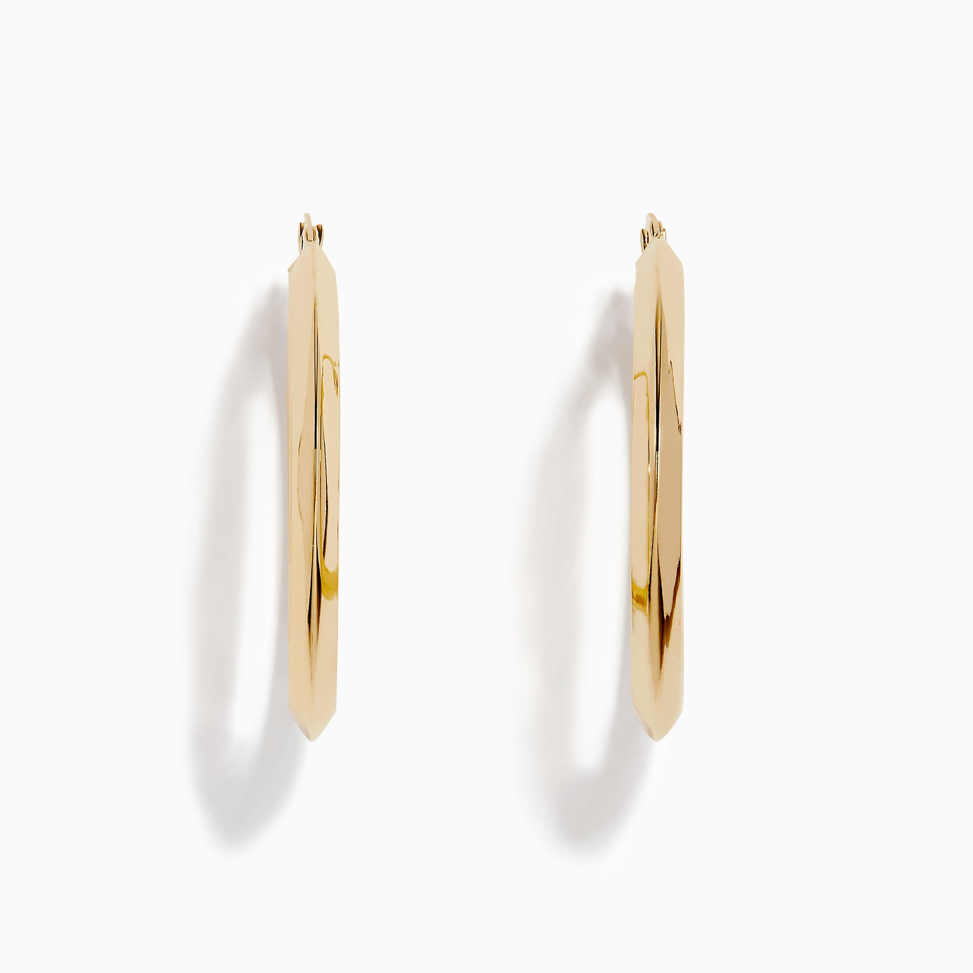 A pair of 14K Yellow Gold Rhombus Tube Hoop Earrings with a shiny, geometric shape, displayed on a white background.