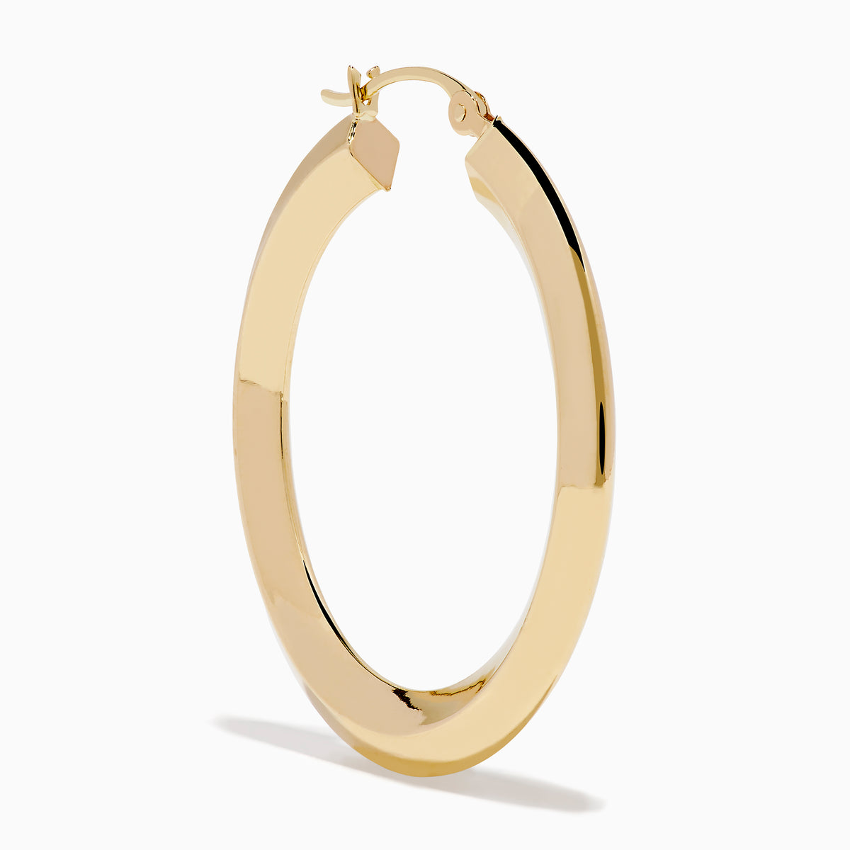 A pair of 14K Yellow Gold Rhombus Tube Hoop Earrings with a shiny, geometric shape, displayed on a white background.