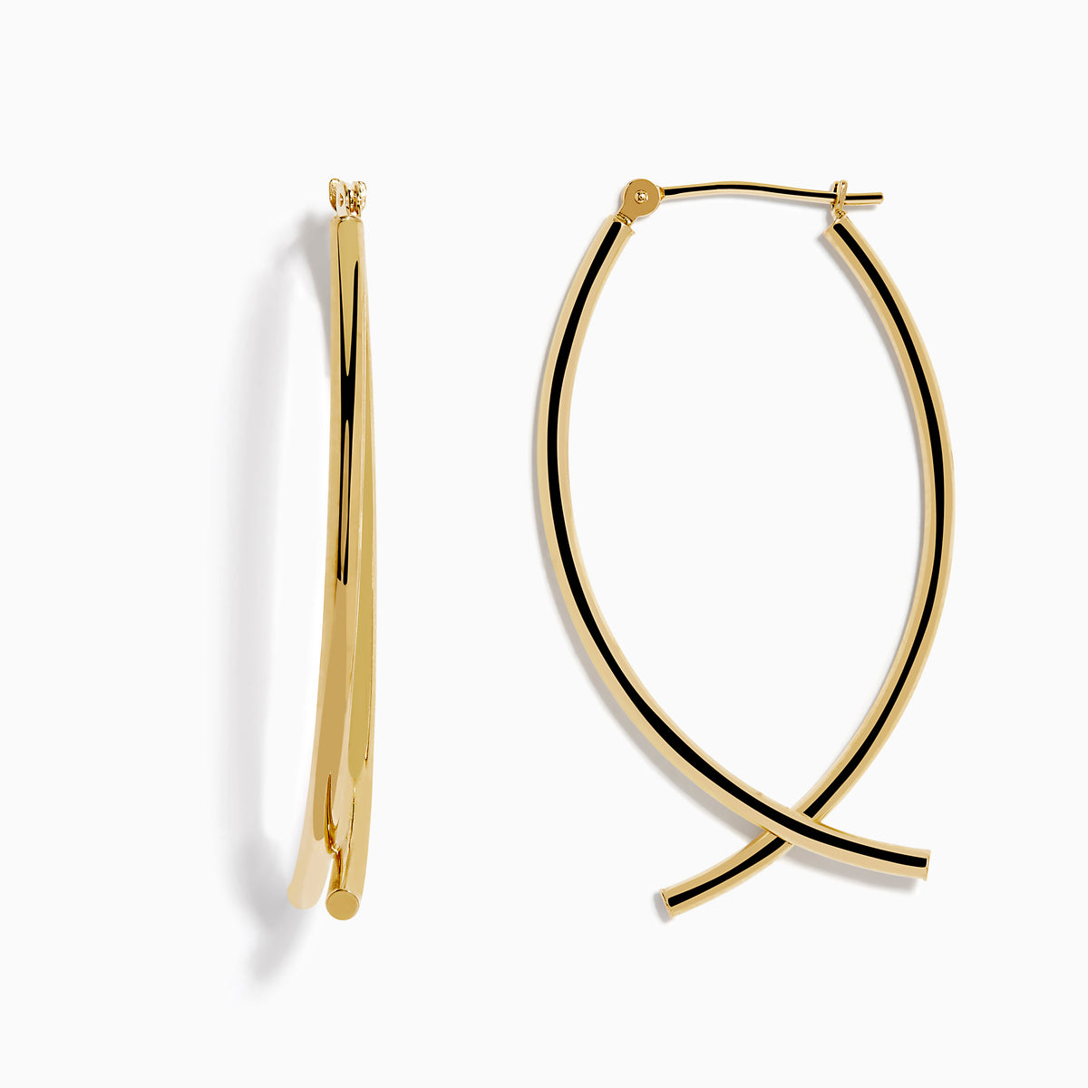 The 14K Yellow Gold Hollow Bypass Hoop Earrings feature two parallel strands in a sleek drop design with a smooth, shiny finish, elegantly displayed against a white background.
