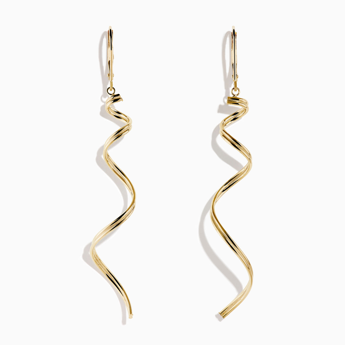 The 14K Yellow Gold Swirl Linear Drop Earrings feature a long, twisted spiral design and are shown against a plain white background.