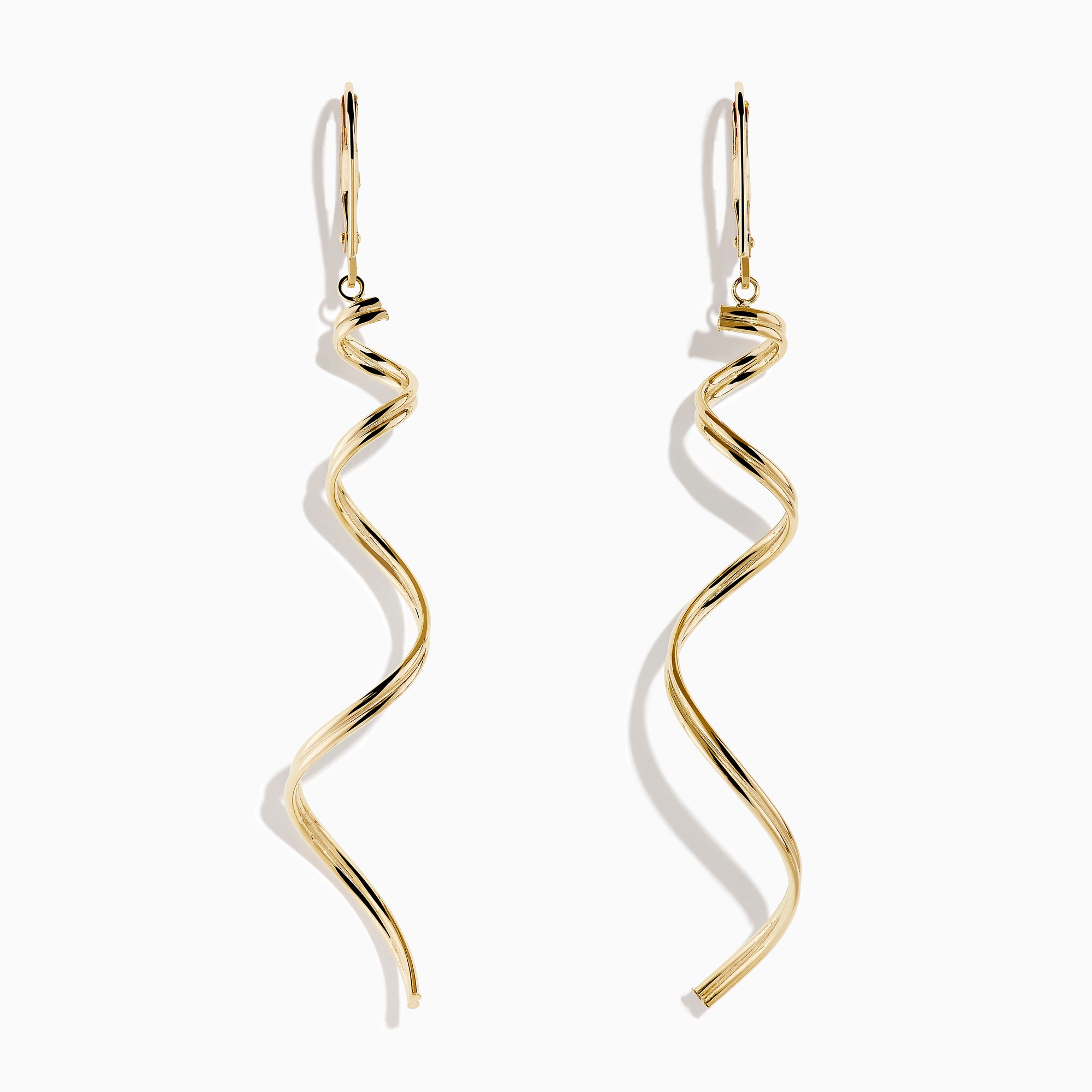 The 14K Yellow Gold Swirl Linear Drop Earrings feature a long, twisted spiral design and are shown against a plain white background.