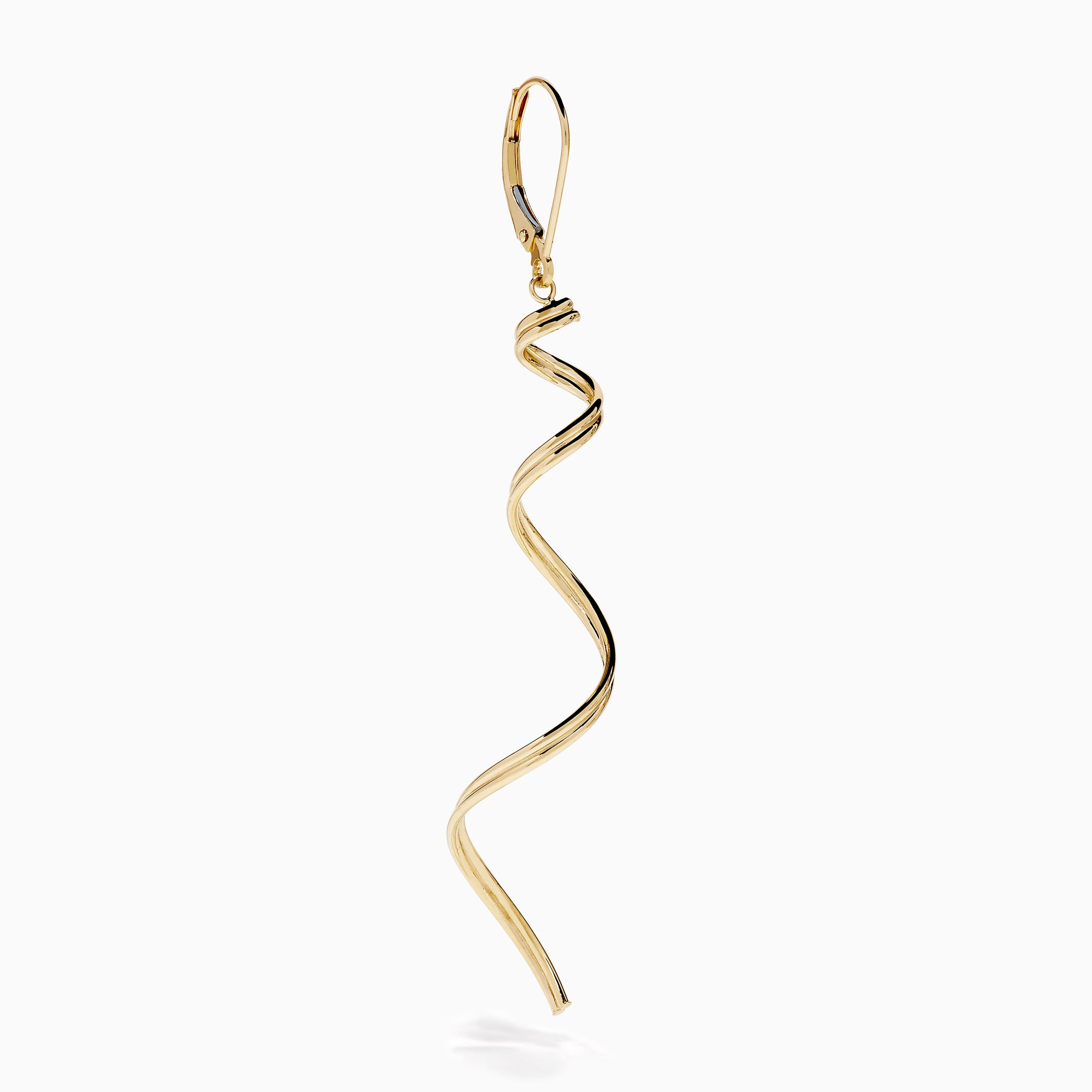 The 14K Yellow Gold Swirl Linear Drop Earrings feature a long, twisted spiral design and are shown against a plain white background.