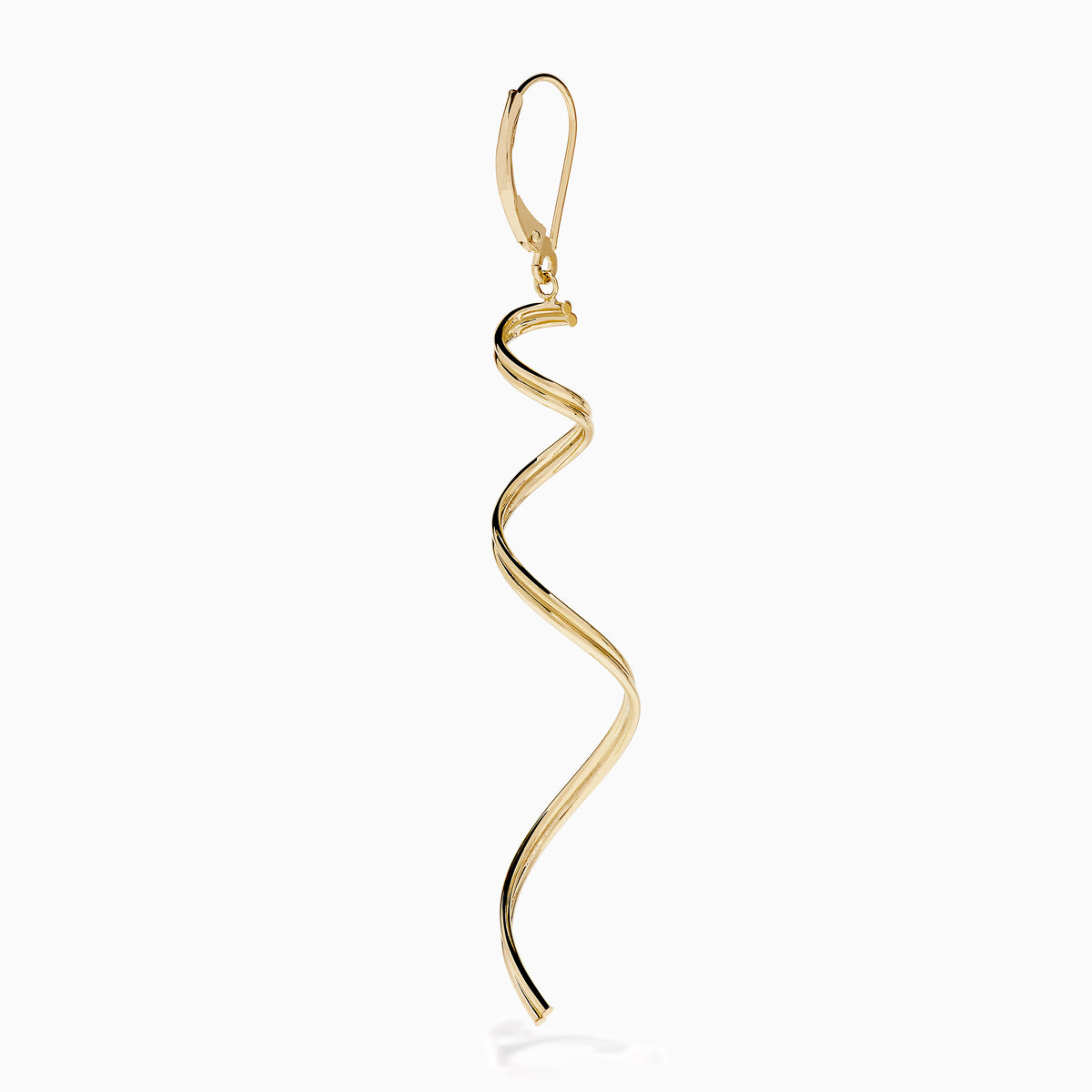 The 14K Yellow Gold Swirl Linear Drop Earrings feature a long, twisted spiral design and are shown against a plain white background.
