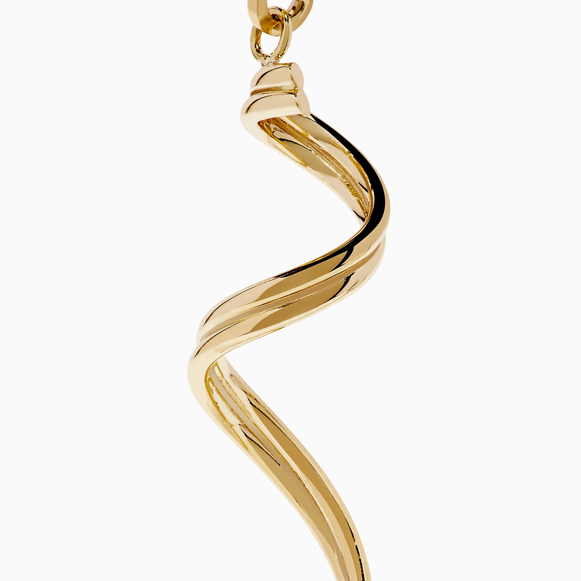 The 14K Yellow Gold Swirl Linear Drop Earrings feature a long, twisted spiral design and are shown against a plain white background.