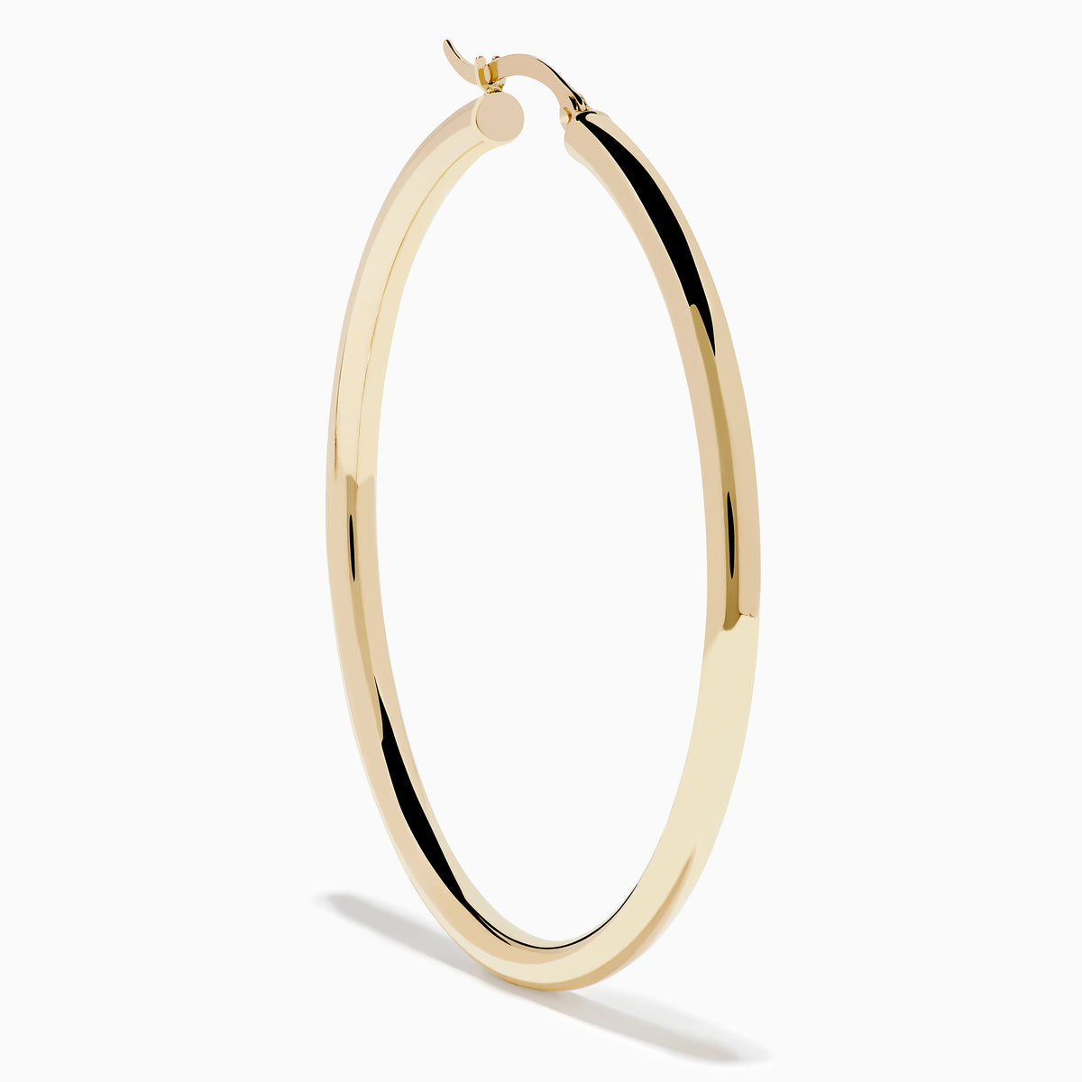 The 14K Yellow Gold Large Tube Hoop Earrings feature a simple, polished design, displayed on a plain white background with subtle shadows.