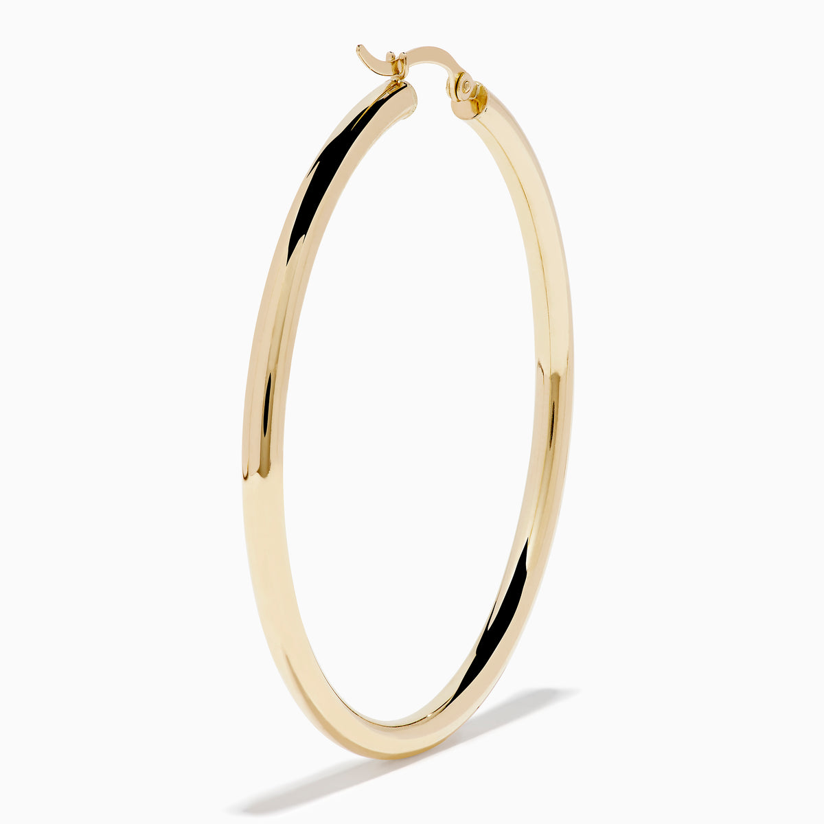 The 14K Yellow Gold Large Tube Hoop Earrings feature a simple, polished design, displayed on a plain white background with subtle shadows.