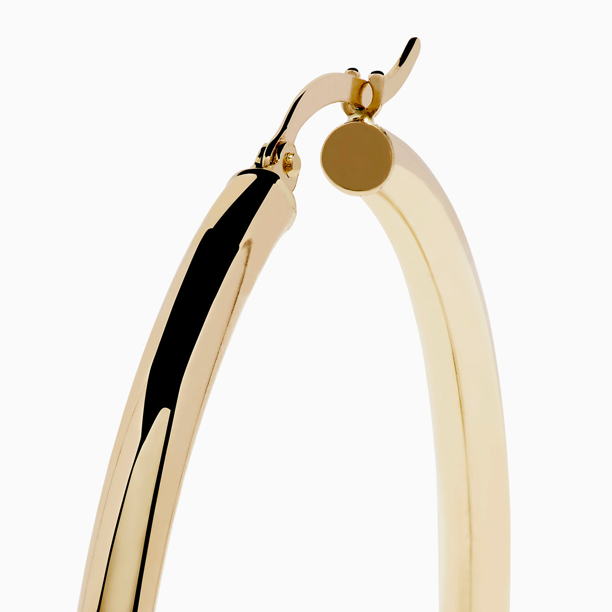 The 14K Yellow Gold Large Tube Hoop Earrings feature a simple, polished design, displayed on a plain white background with subtle shadows.