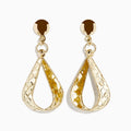 14K Yellow Gold Pear Shape Drop Earrings with round studs and twisted, pear-shaped loops featuring a textured diamond pattern, shown on a white background.