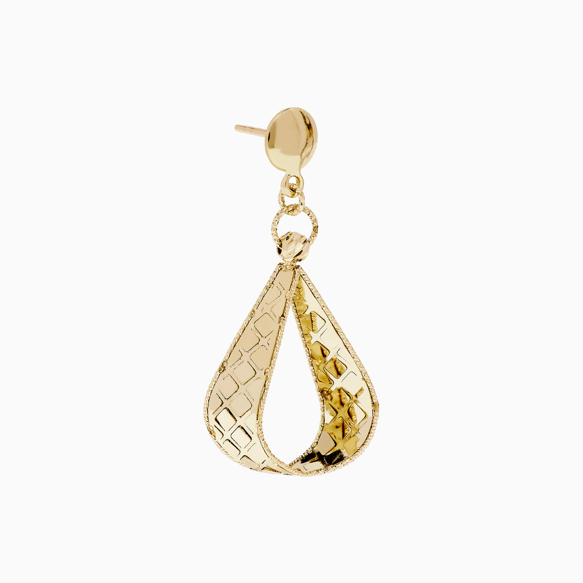 14K Yellow Gold Pear Shape Drop Earrings with round studs and twisted, pear-shaped loops featuring a textured diamond pattern, shown on a white background.