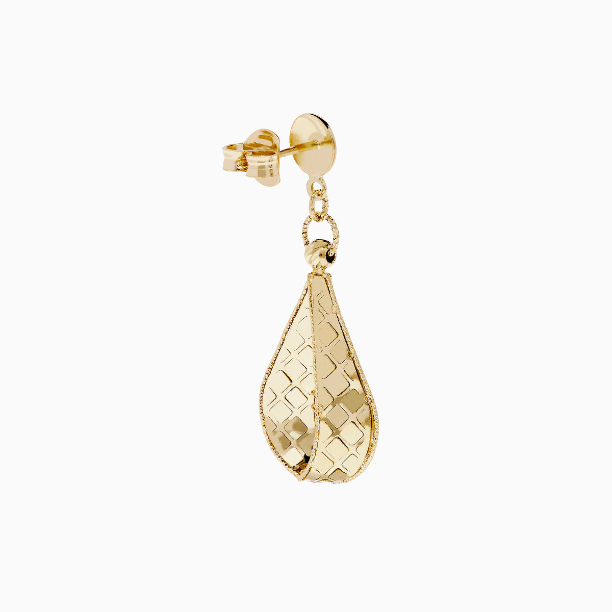 14K Yellow Gold Pear Shape Drop Earrings with round studs and twisted, pear-shaped loops featuring a textured diamond pattern, shown on a white background.