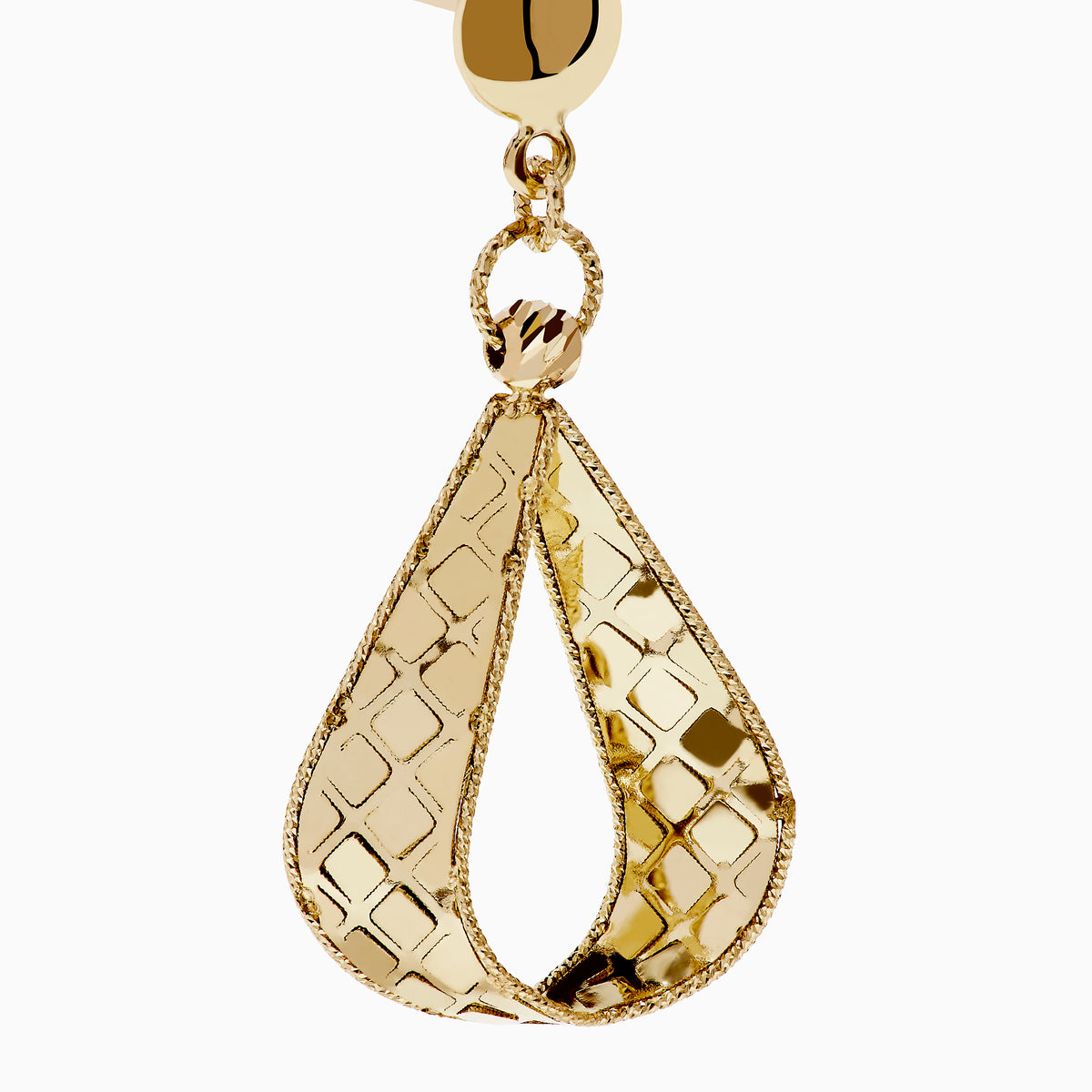 14K Yellow Gold Pear Shape Drop Earrings with round studs and twisted, pear-shaped loops featuring a textured diamond pattern, shown on a white background.