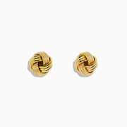The 14K Yellow Gold Knot Earrings showcase intertwined, textured, and smooth gold strands set against a plain white background.