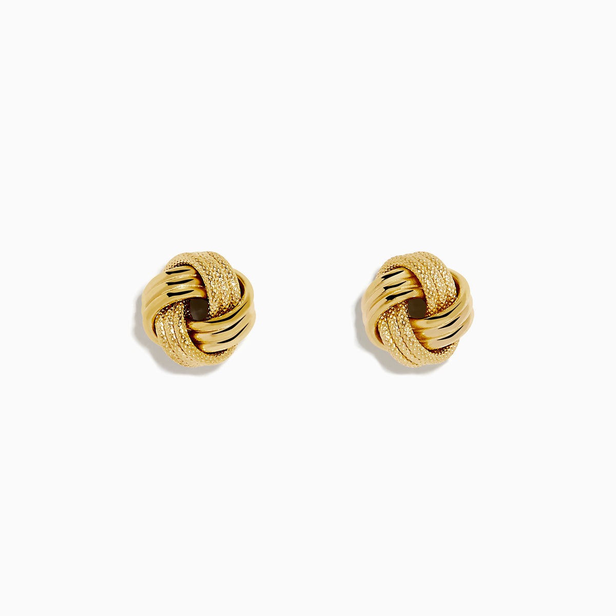 The 14K Yellow Gold Knot Earrings showcase intertwined, textured, and smooth gold strands set against a plain white background.