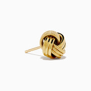 The 14K Yellow Gold Knot Earrings showcase intertwined, textured, and smooth gold strands set against a plain white background.
