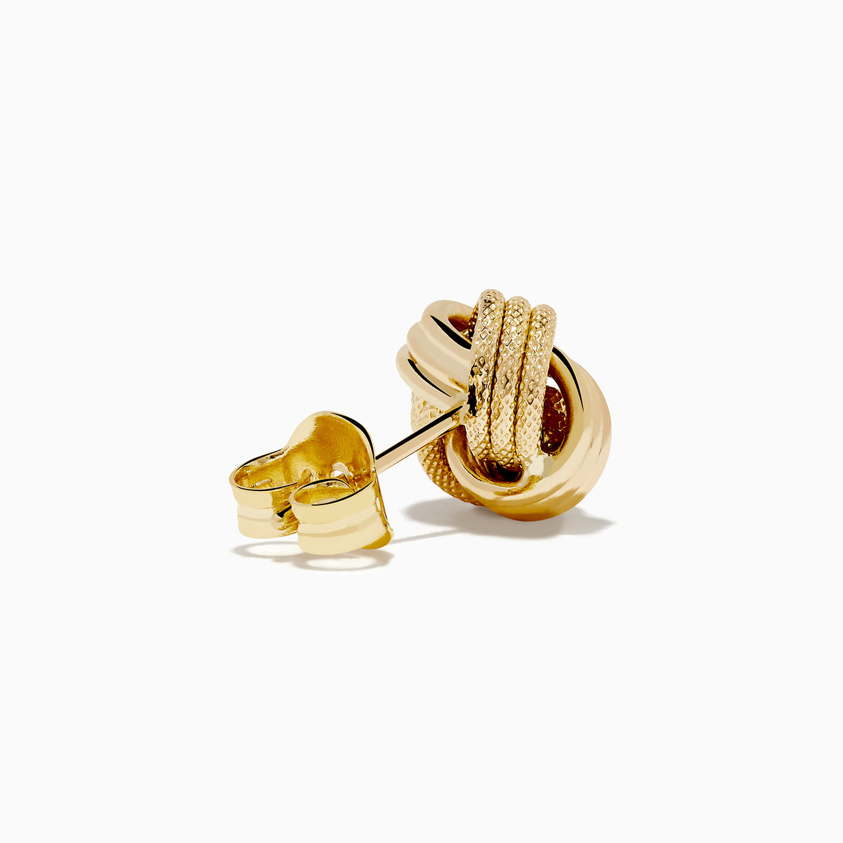 The 14K Yellow Gold Knot Earrings showcase intertwined, textured, and smooth gold strands set against a plain white background.