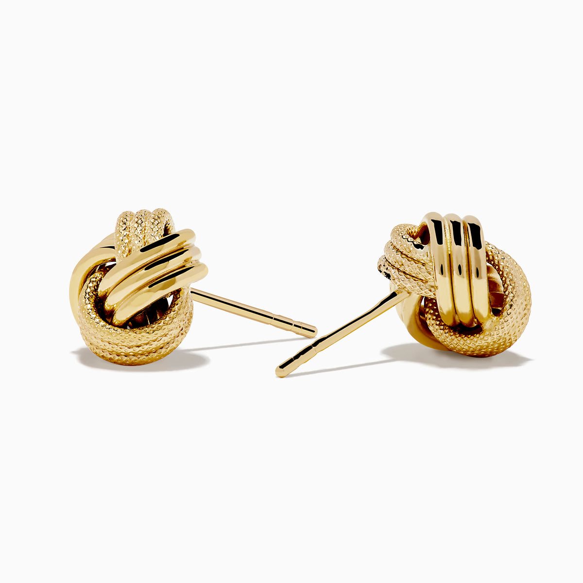 The 14K Yellow Gold Knot Earrings showcase intertwined, textured, and smooth gold strands set against a plain white background.