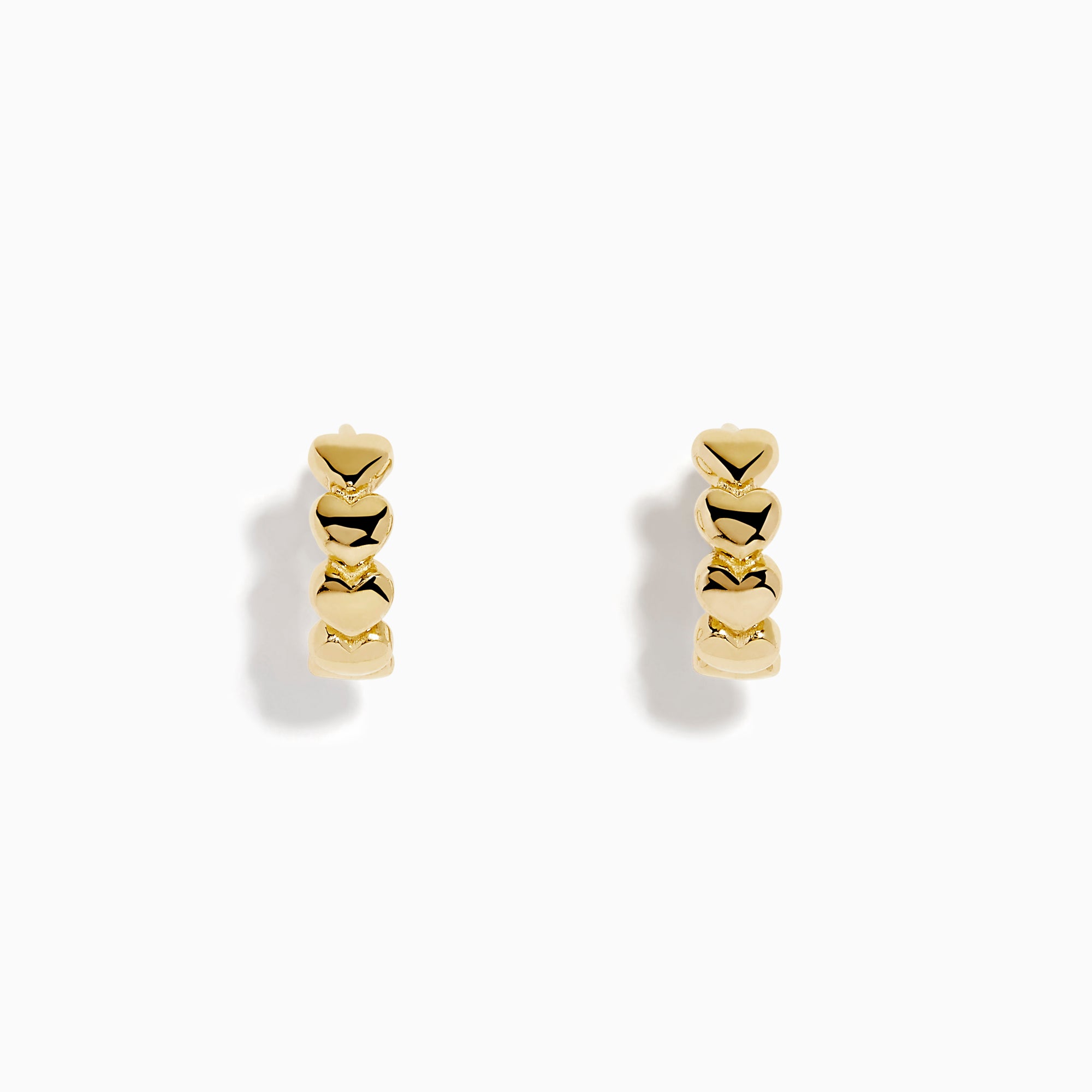 The 14K Yellow Gold Polished Heart Huggie Hoop Earrings feature a vertical row of shiny heart-shaped segments, elegantly displayed against a plain white background.