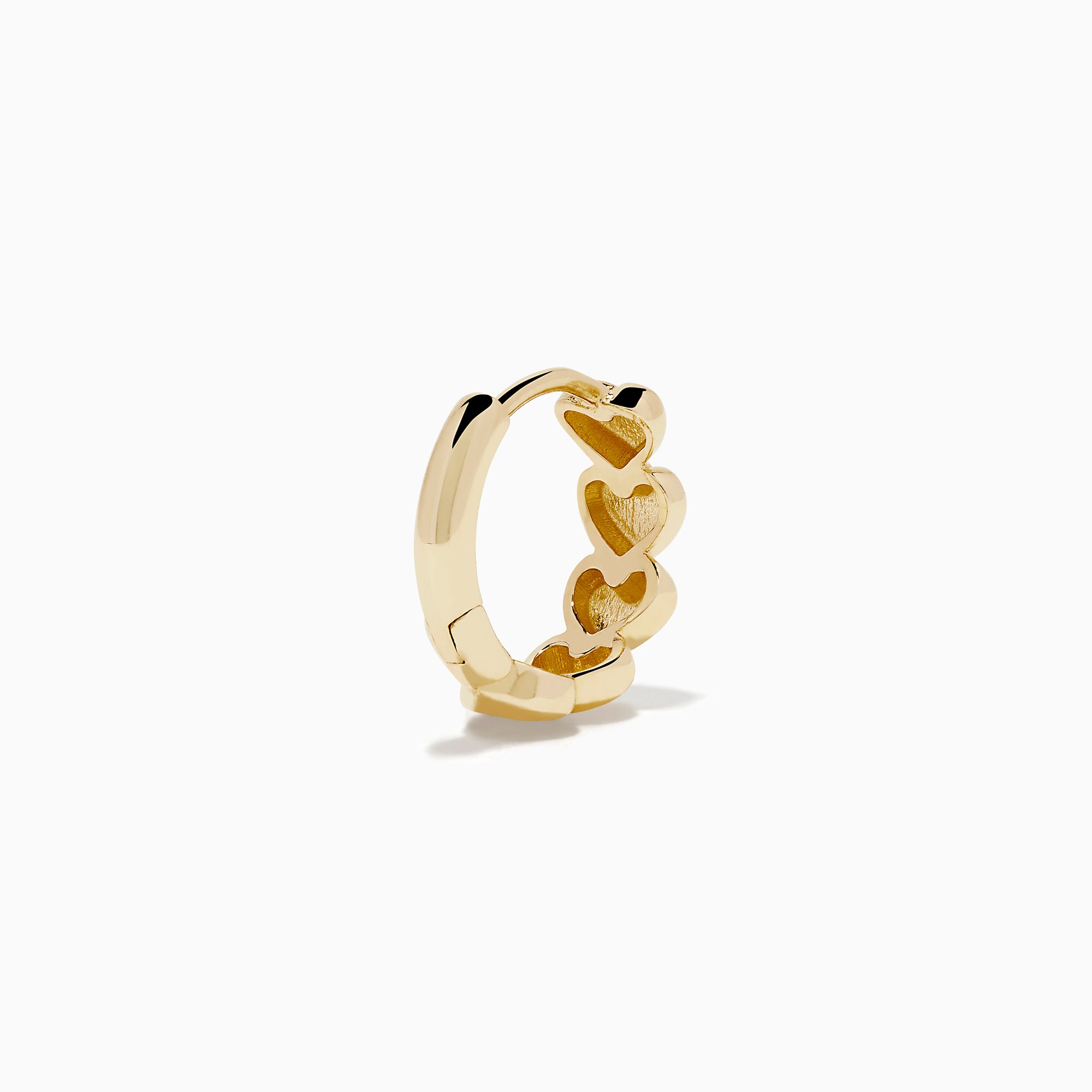 The 14K Yellow Gold Polished Heart Huggie Hoop Earrings feature a vertical row of shiny heart-shaped segments, elegantly displayed against a plain white background.