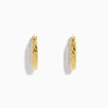 The 14K Yellow Gold Hoops showcase a textured, diamond-patterned design, elegantly displayed against a plain white background.