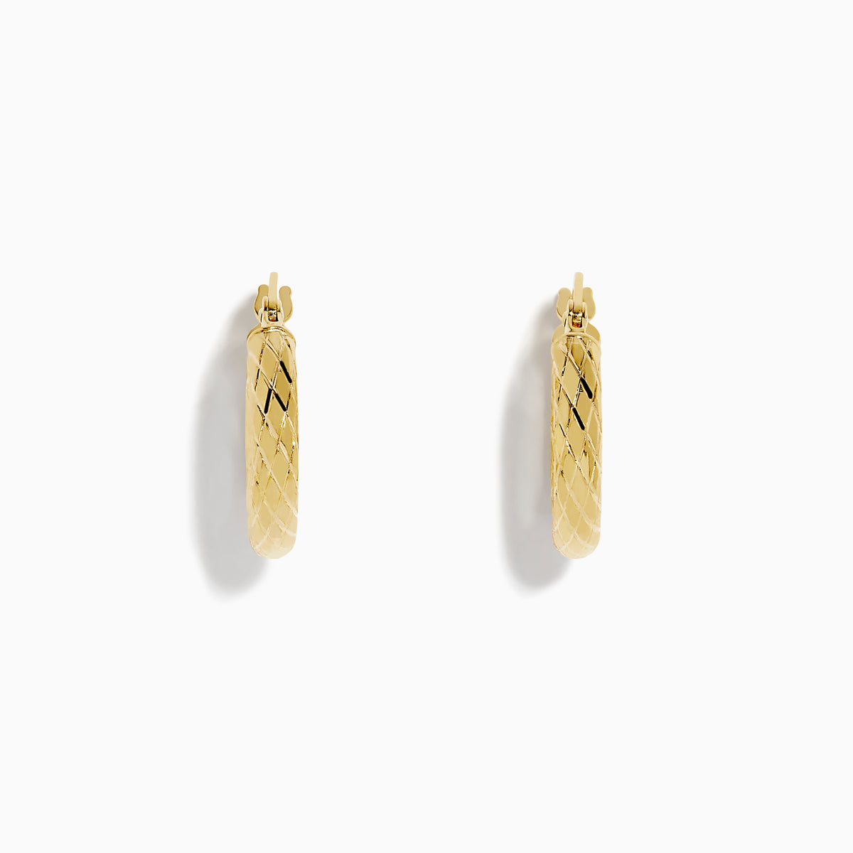 The 14K Yellow Gold Hoops showcase a textured, diamond-patterned design, elegantly displayed against a plain white background.