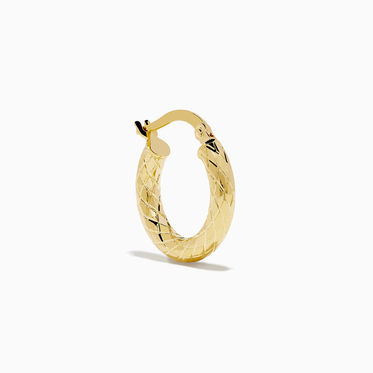 The 14K Yellow Gold Hoops showcase a textured, diamond-patterned design, elegantly displayed against a plain white background.