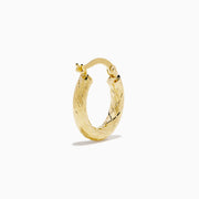The 14K Yellow Gold Hoops showcase a textured, diamond-patterned design, elegantly displayed against a plain white background.