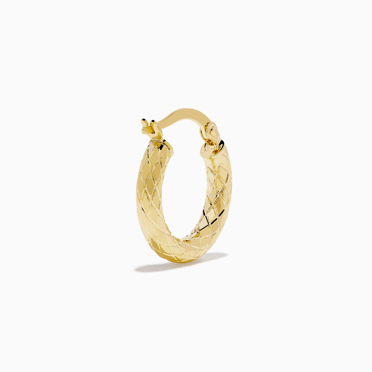 The 14K Yellow Gold Hoops showcase a textured, diamond-patterned design, elegantly displayed against a plain white background.