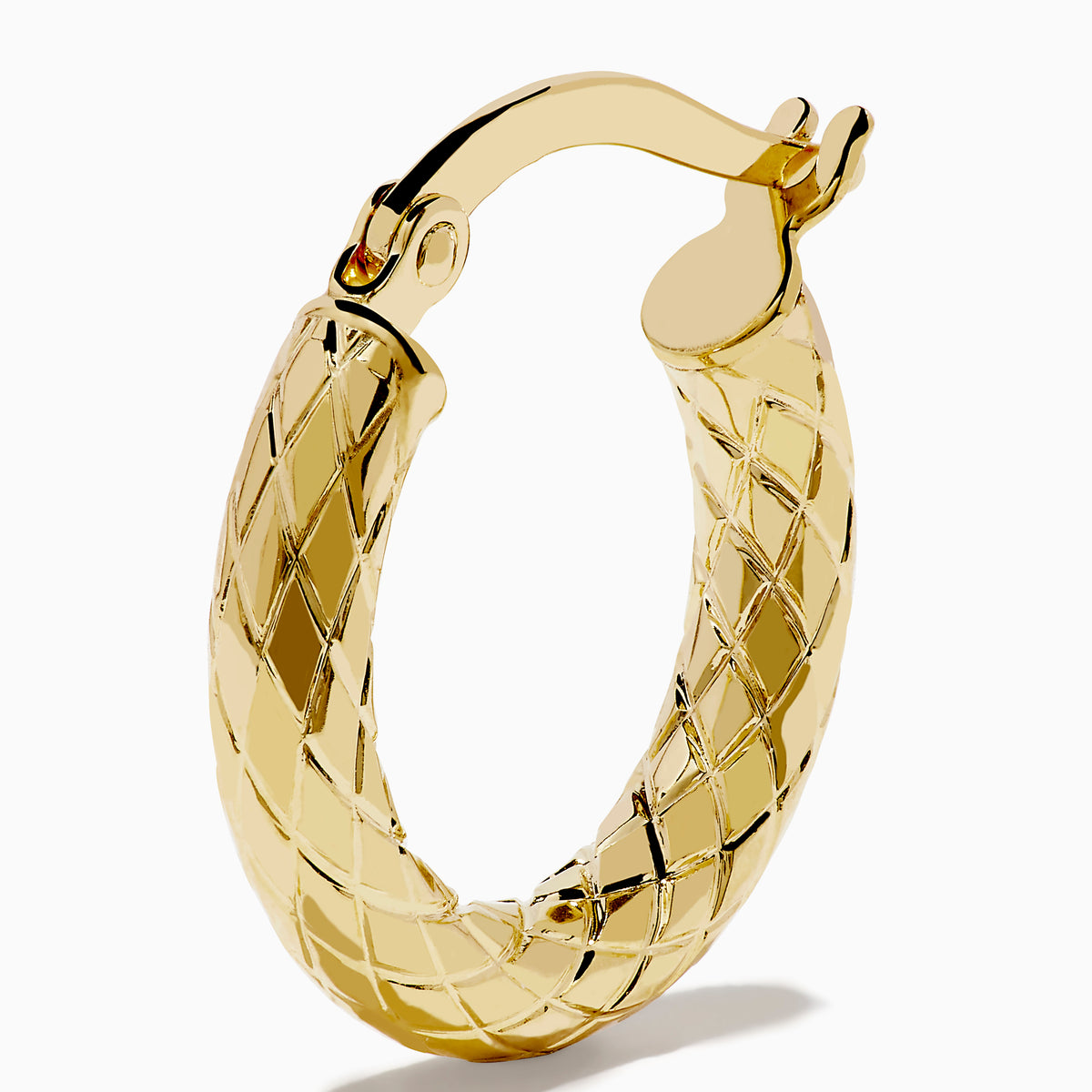 The 14K Yellow Gold Hoops showcase a textured, diamond-patterned design, elegantly displayed against a plain white background.