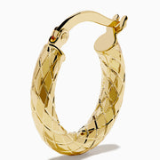 The 14K Yellow Gold Hoops showcase a textured, diamond-patterned design, elegantly displayed against a plain white background.