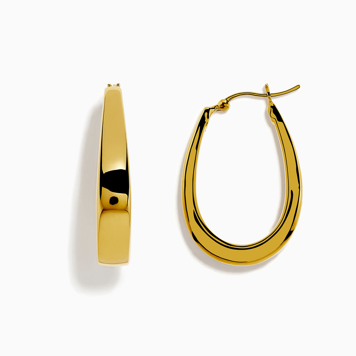 The 14K Yellow Gold Oval Hoop Earrings feature a sleek, modern tapered flat-edge design and are displayed against a white background.