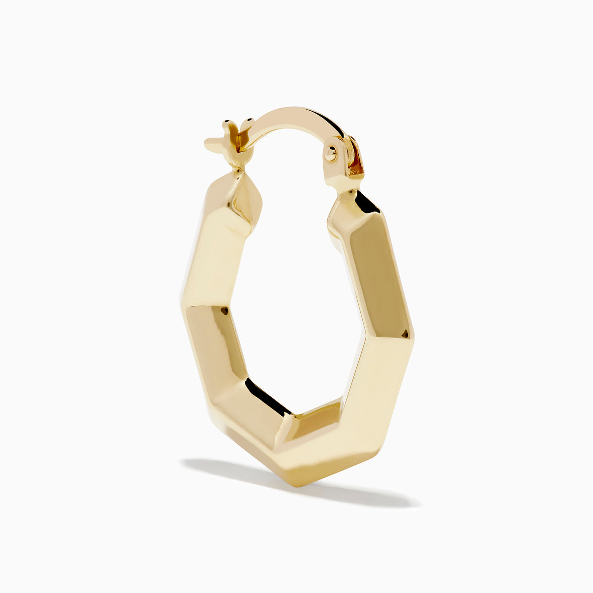 The 14K Yellow Gold Geometric Hoops feature a faceted, hexagonal design and are shown upright against a plain white background.