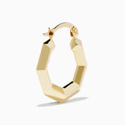 The 14K Yellow Gold Geometric Hoops feature a faceted, hexagonal design and are shown upright against a plain white background.
