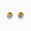 14K Yellow and White Gold Ying Yang Stud Earrings featuring a round interlocking design with polished gold and silver metal accents on a white background.