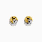 14K Yellow and White Gold Ying Yang Stud Earrings featuring a round interlocking design with polished gold and silver metal accents on a white background.