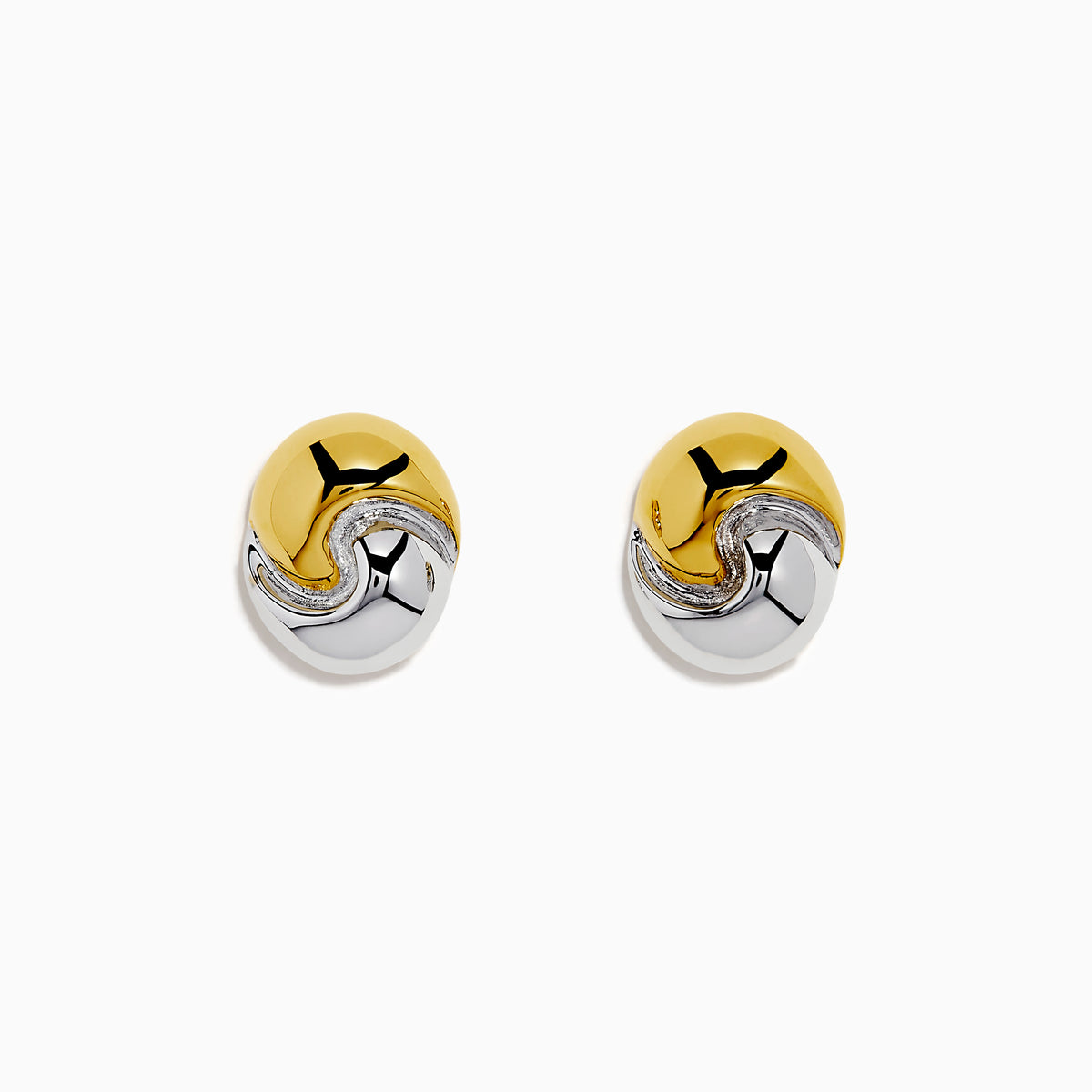 14K Yellow and White Gold Ying Yang Stud Earrings featuring a round interlocking design with polished gold and silver metal accents on a white background.