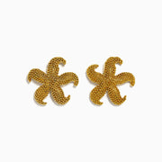 The 14K Yellow Gold Starfish Stud Earrings feature small, textured beads for a sparkling look and are shown on a white background.