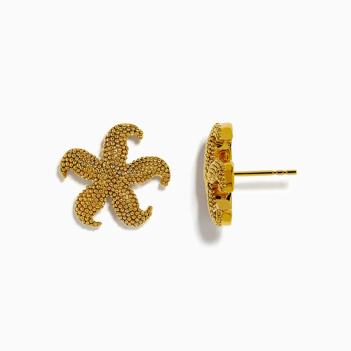 The 14K Yellow Gold Starfish Stud Earrings feature small, textured beads for a sparkling look and are shown on a white background.