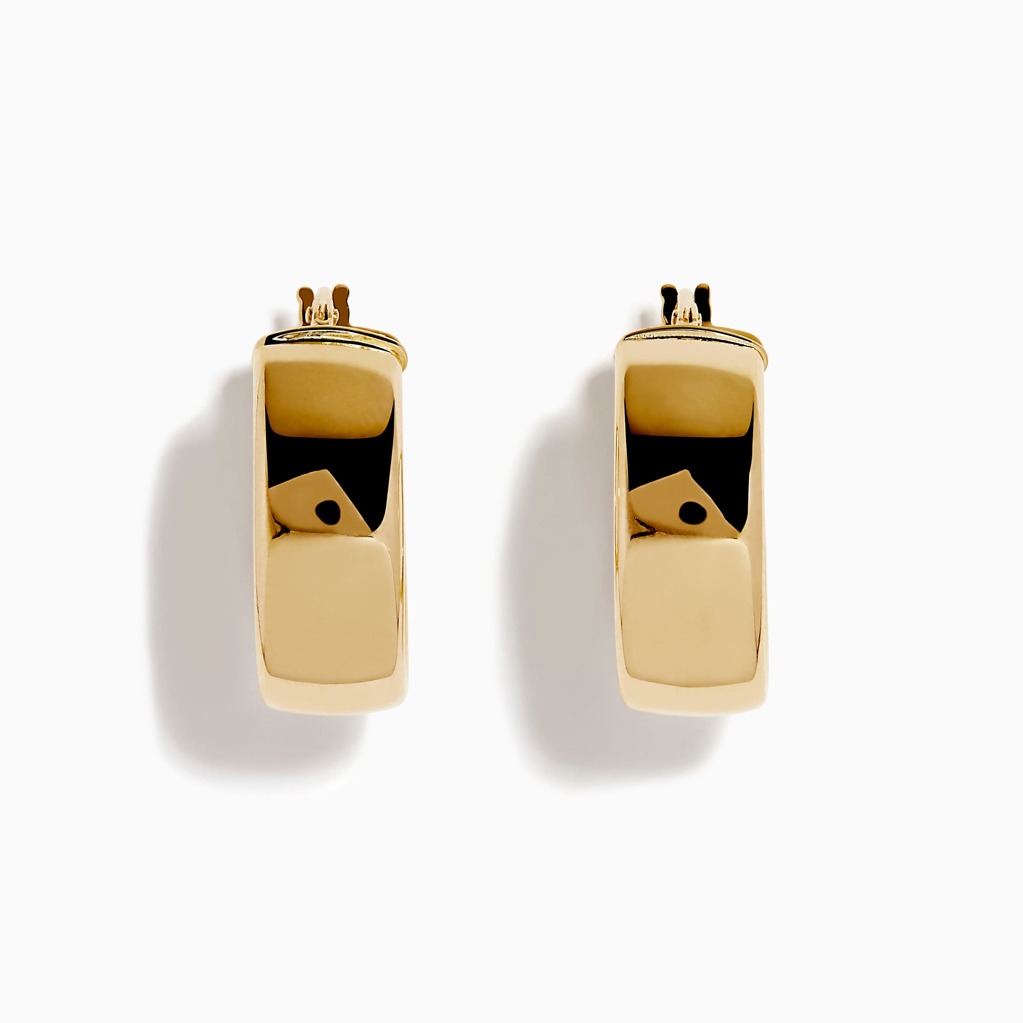 The 14K Yellow Gold Rectangular Bold Huggie Earrings feature smooth, polished surfaces and a shiny finish, shown against a plain white background.