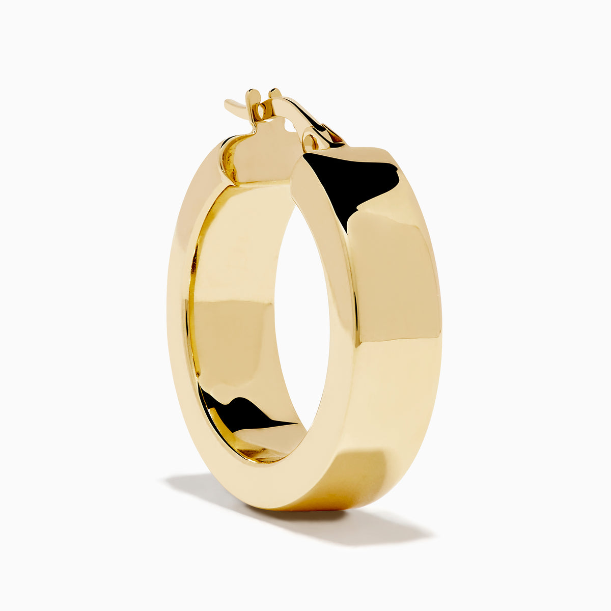 The 14K Yellow Gold Rectangular Bold Huggie Earrings feature smooth, polished surfaces and a shiny finish, shown against a plain white background.