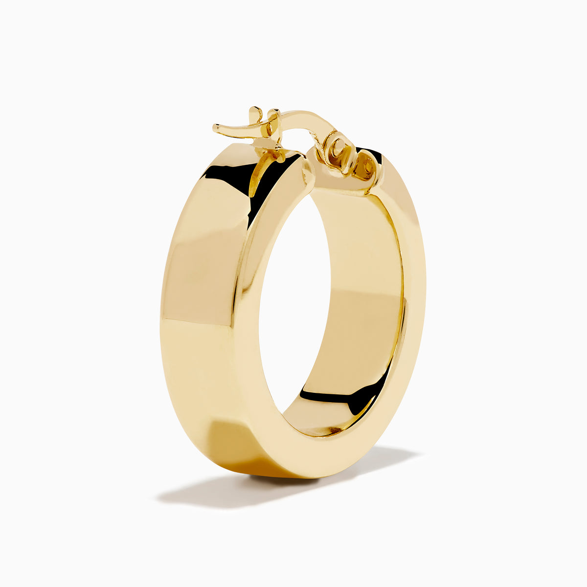 The 14K Yellow Gold Rectangular Bold Huggie Earrings feature smooth, polished surfaces and a shiny finish, shown against a plain white background.