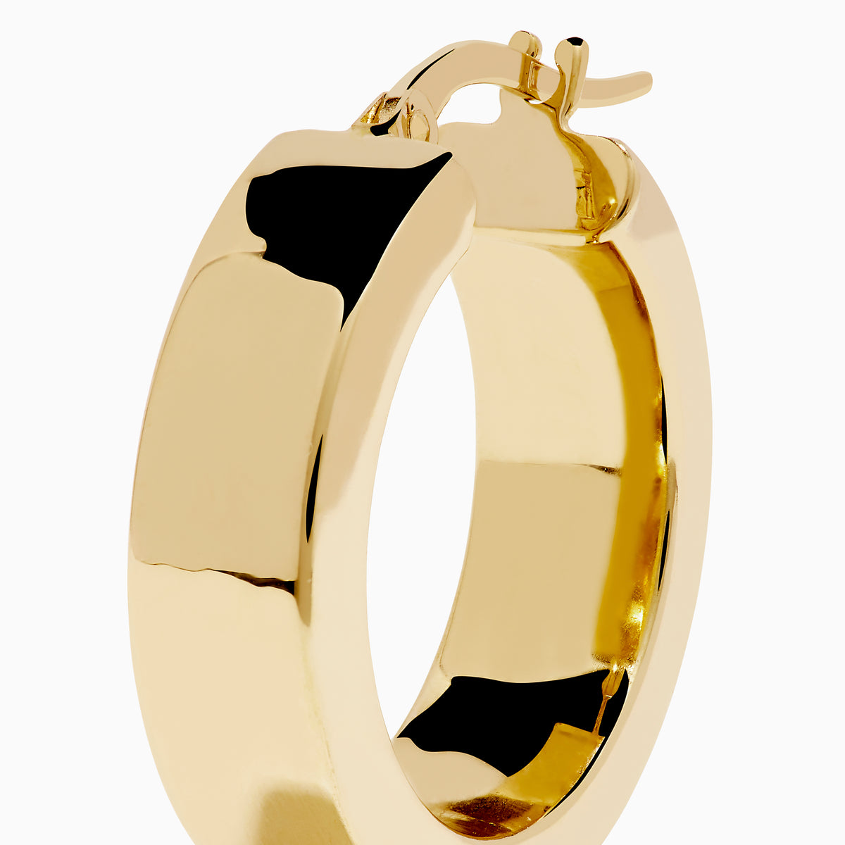 The 14K Yellow Gold Rectangular Bold Huggie Earrings feature smooth, polished surfaces and a shiny finish, shown against a plain white background.