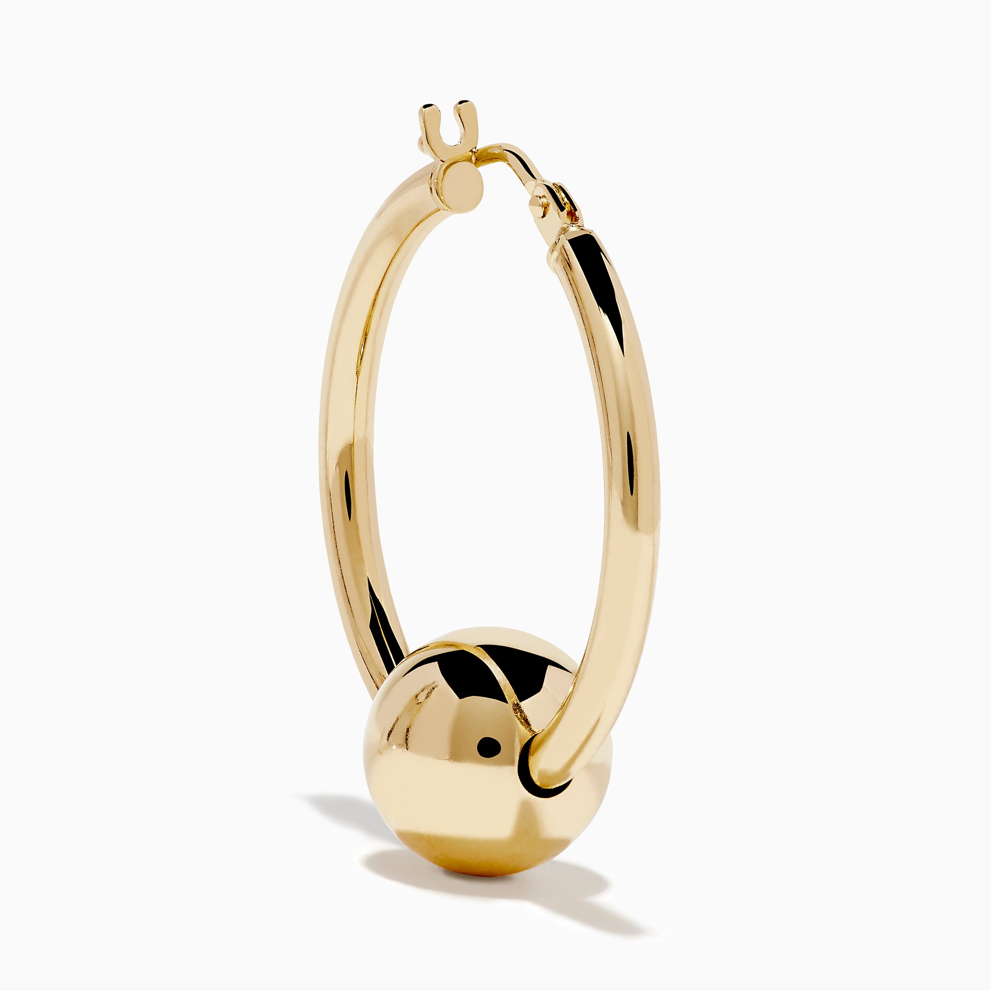 A pair of 14K yellow gold tube hoops with bead accents, displayed against a plain white background.