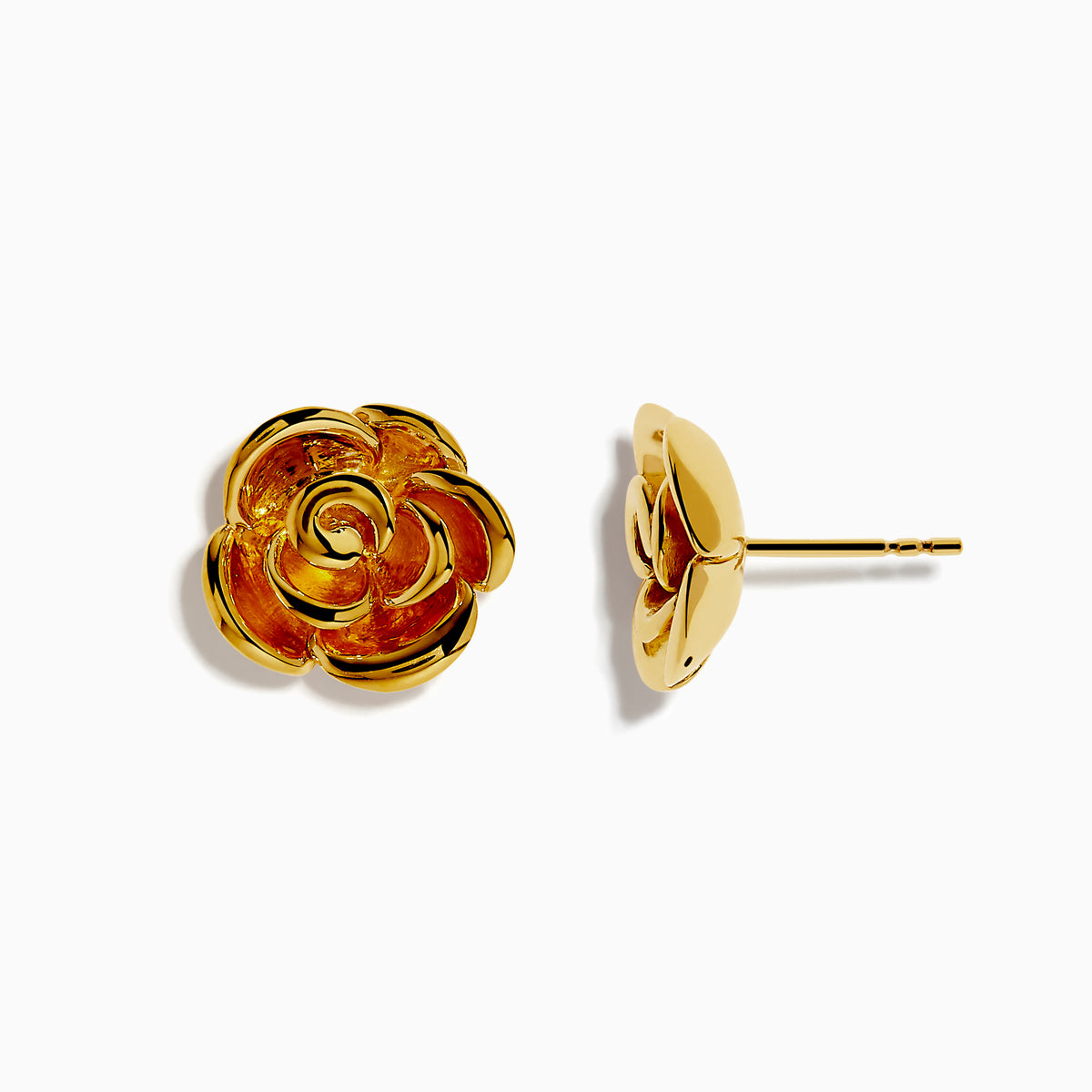 14K Yellow Gold Flower Earrings shaped like roses feature layered, polished petals and are displayed on a white background.