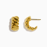 A pair of 14K Yellow Gold Hollow Croissant Hoop Earrings with a chunky, twisted design displayed on a plain white background.