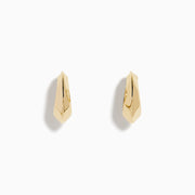 The 14K Yellow Gold Knife Edge Huggie Earrings feature a small, geometric design with sleek angles, shown against a plain white background.