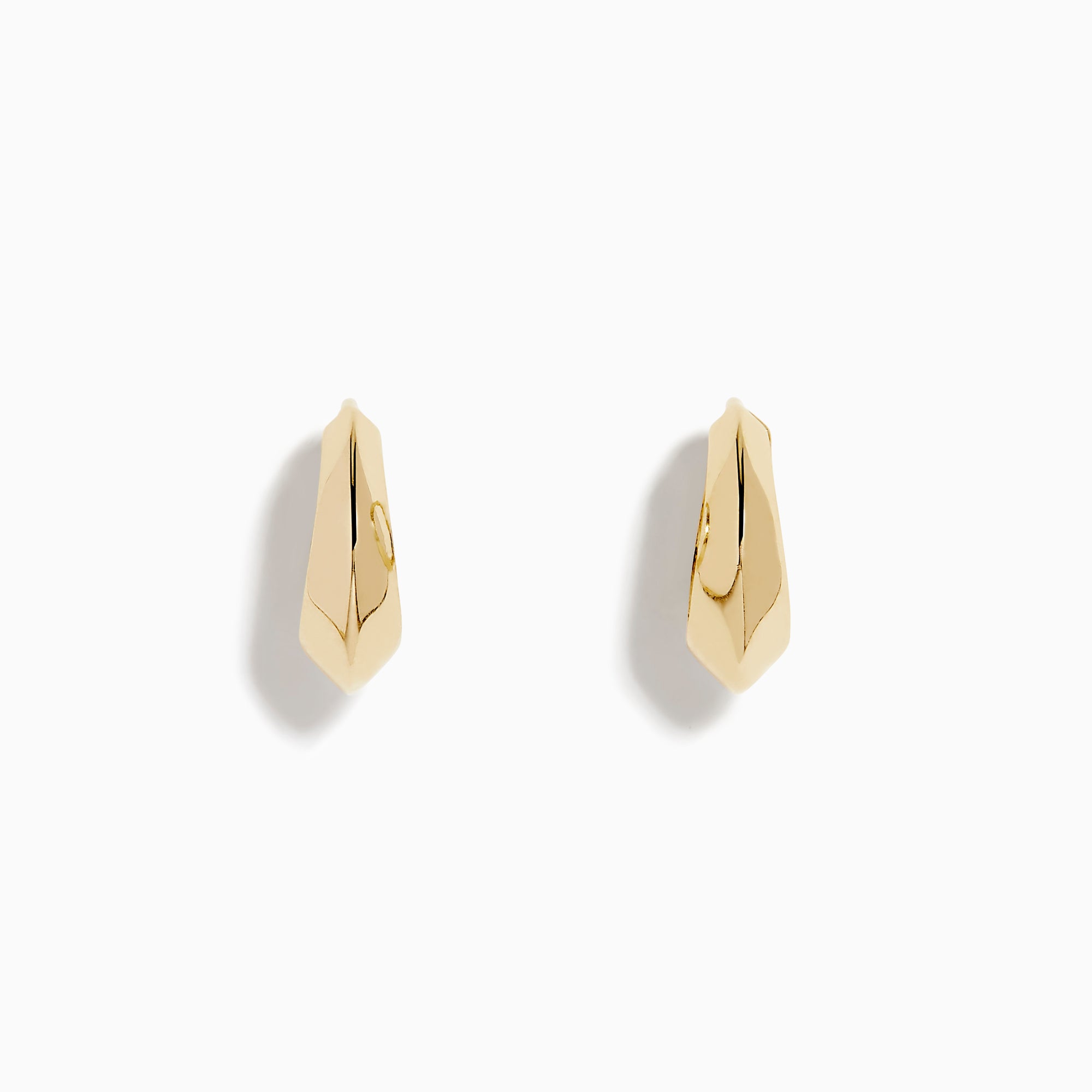 The 14K Yellow Gold Knife Edge Huggie Earrings feature a small, geometric design with sleek angles, shown against a plain white background.