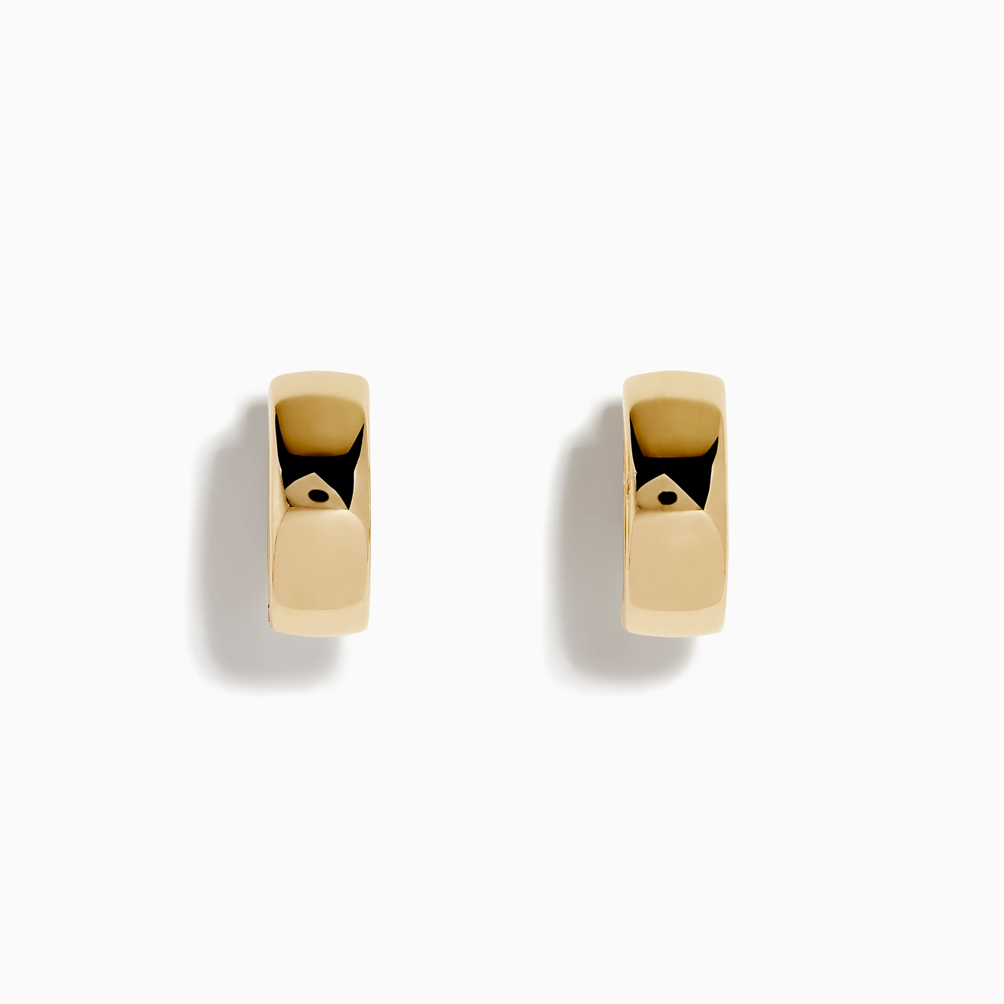 A pair of 14K Yellow Gold Huggie Earrings with Gally Back, featuring a small rectangular shape and polished finish, displayed against a plain white background.