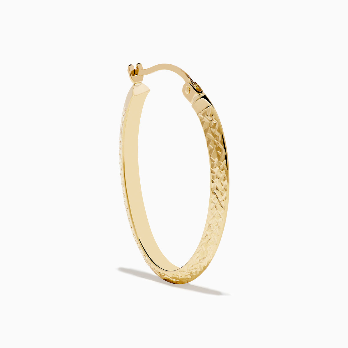 A pair of 14K Yellow Gold Knife Edge Tube Hoop Earrings with a textured finish, displayed on a plain white background and shown facing forward with visible clasps at the top.