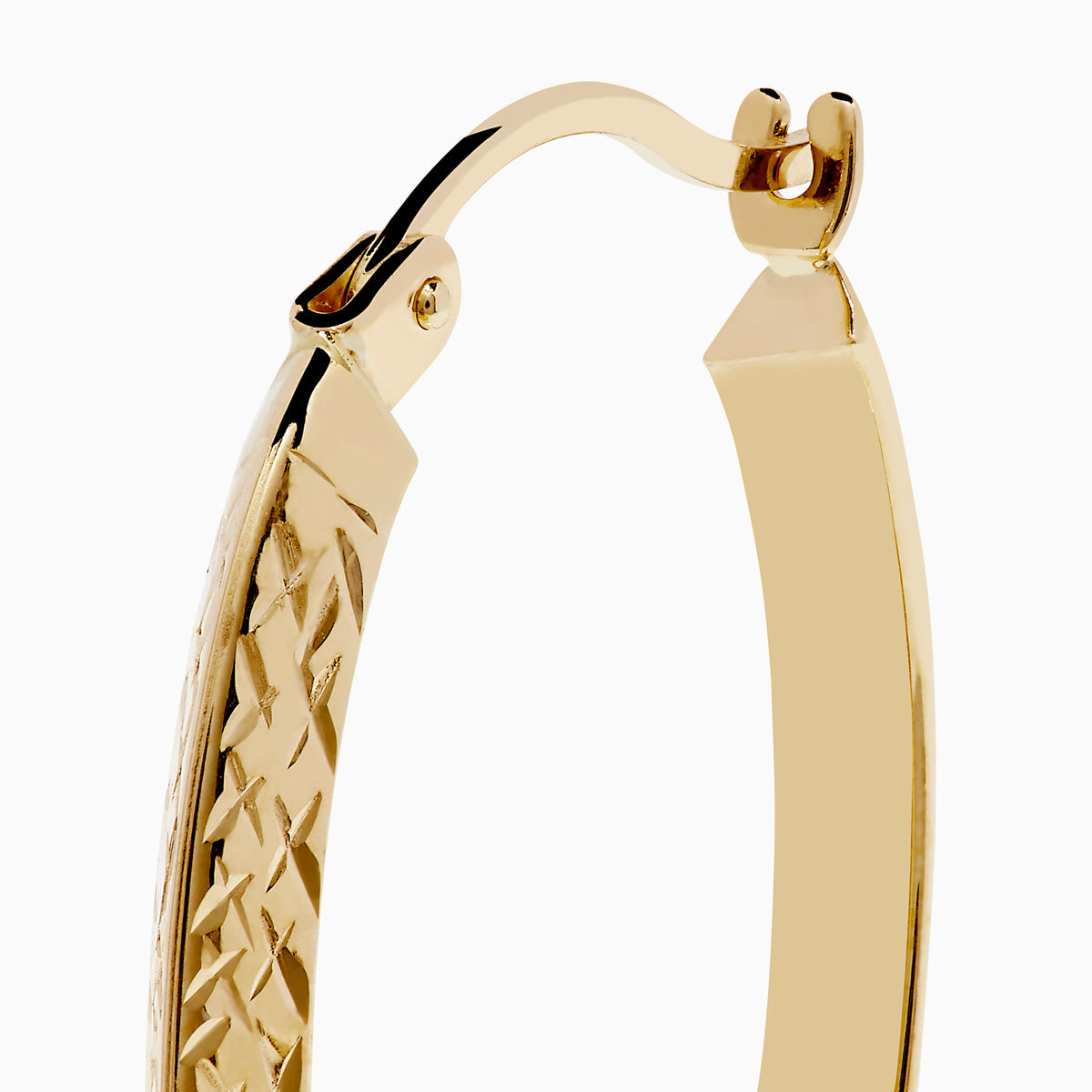 A pair of 14K Yellow Gold Knife Edge Tube Hoop Earrings with a textured finish, displayed on a plain white background and shown facing forward with visible clasps at the top.